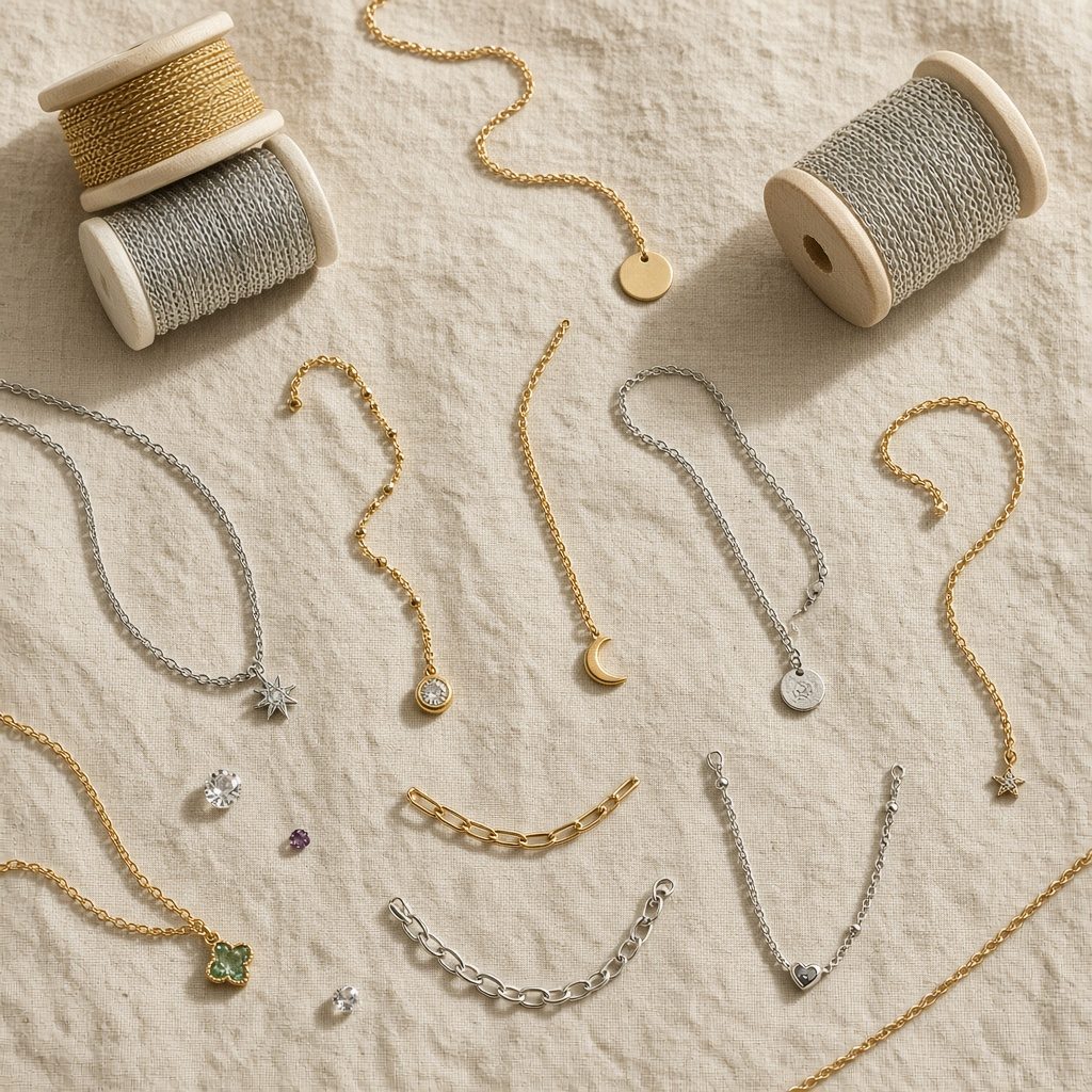 Assortment of gold and silver chains and charms