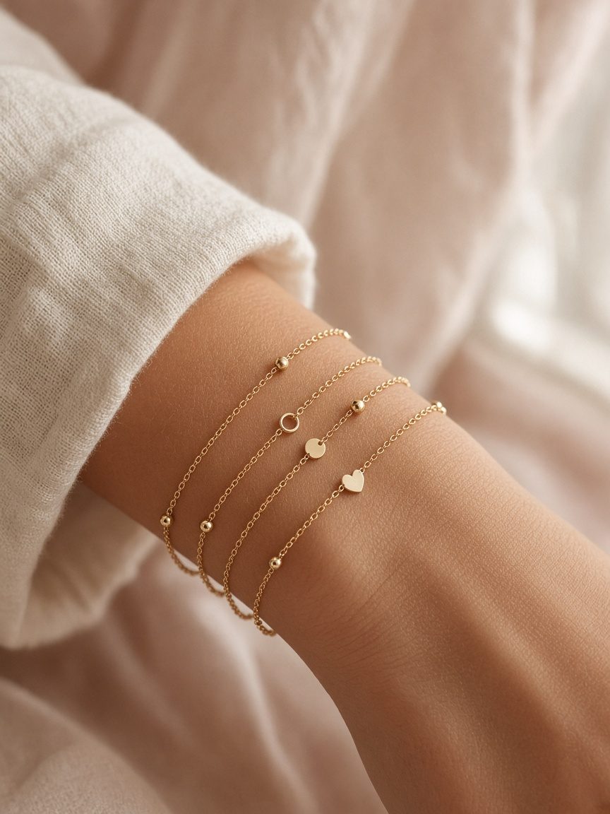 Stack of dainty gold permanent bracelets on a wrist